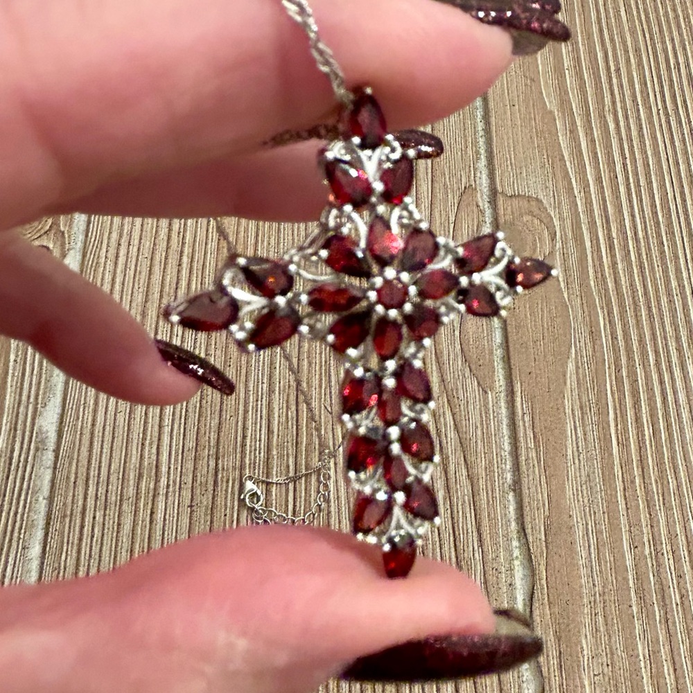 Gorgeous Large Garnet Cross Pendant | Sterling Silver - Picture 2 of 7